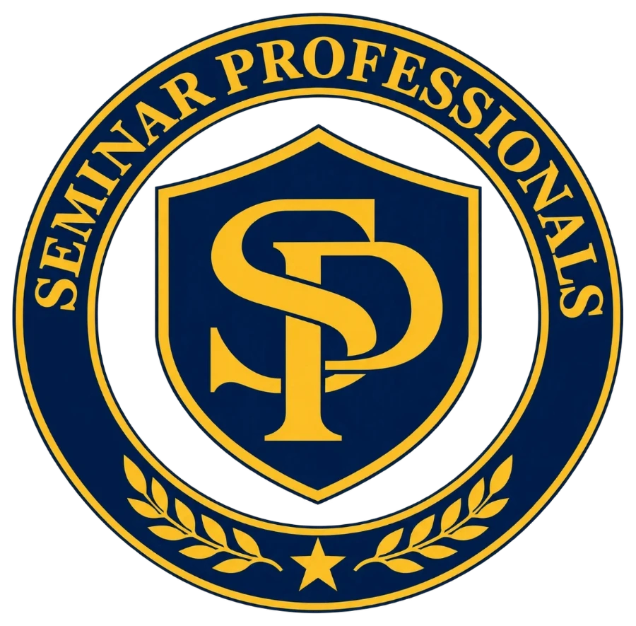 Seminar Professionals seal: the SP shield inside a ring bearing the company name
